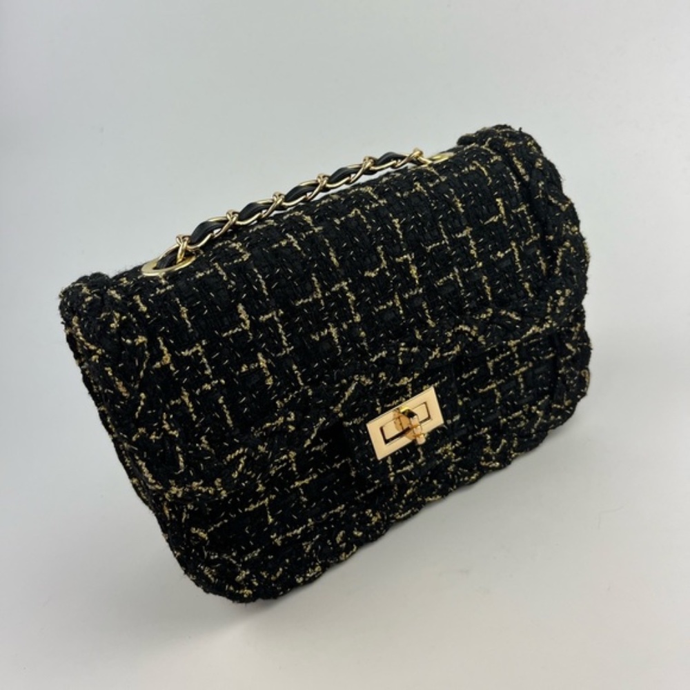Black & Gold Tweed Chain Crossbody Bag